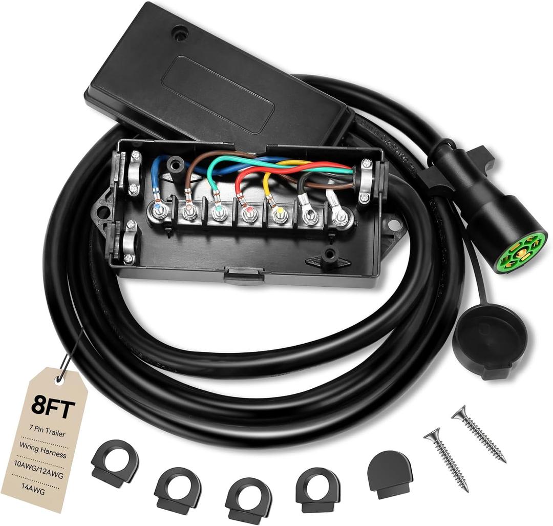 8 Ft 7 Pin Trailer Wiring Harness With 7 Gang Junction Box, Heavy Duty 7 Way Trailer Junction Box 7 Pole Waterproof for RV Trailers, Campers, 7 Pin Trailer Plug With Dust Cover- Pure Copper