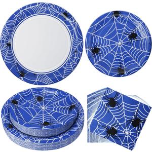 75pcs Spider Party Supplies, 25 Guest Disposable Blue Paper Plates & Napkins, Tableware Decorations Favors, Including 9" & 7" Plates & Napkins for Halloween, Birthday, Parties, and Everyday Use