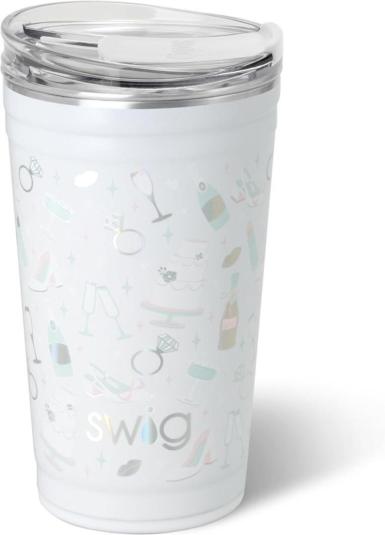 Swig Life 24oz Party Cup, Stackable Insulated Travel Coffee Tumbler with EZ Slider Lid, Cup Holder Friendly, Stainless Steel 24 oz Tumbler, Reusable Coffee Mug (Bride to Be)