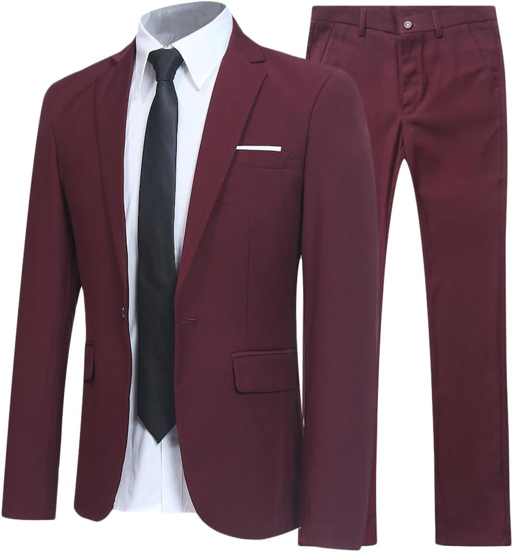 YFFUSHI Men's Slim Fit 2 Piece Suit Solid One Button Casual Formal Wedding Blazer Jacket Pants Set (Red, M)