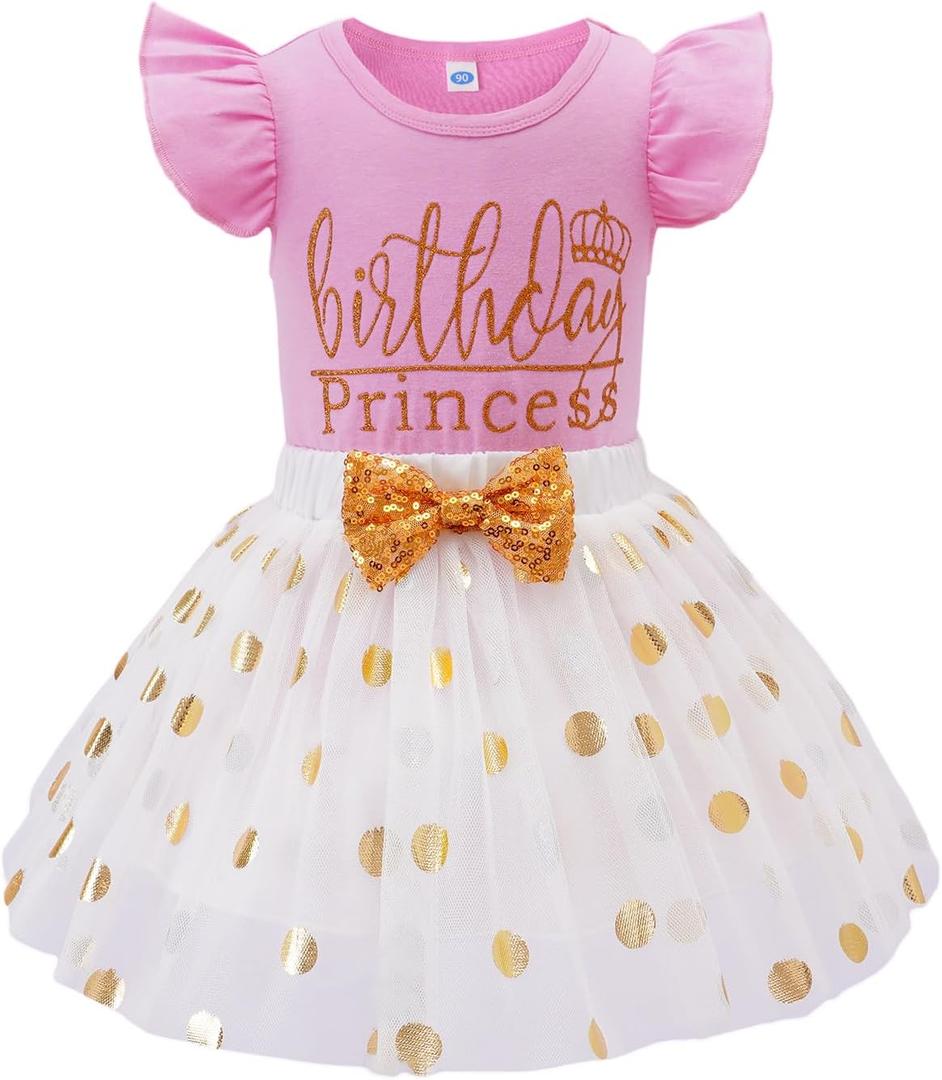 LYSMuch Toddler Baby Girls Birthday Outfits Princess Long Sleeve Shirt Mesh Tutu Skirt Set (5-6Y, Pink Short)