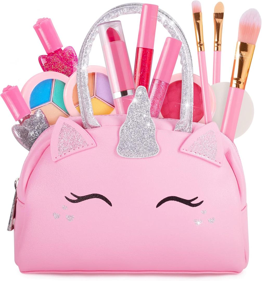 Kids Real Makeup Kit with Pink Unicorn Purse, Non Toxic Washable Make Up Set  Unicorn Toys for Girls Age 46, Girls Easter Basket Stuffers, Easter Gifts for Kids, Girl Gift Ages 3 4 5 6 7 8 Years Old