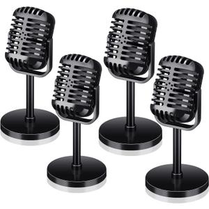 Zubebe 4 Pcs Retro Vintage Microphone Props Fake Microphone Plastic Pretend Mic for Podcast Event Rock and Roll Hip Hop Music Movie Theater Vintage Notorious Birthday Jazz Party Decorations(Black)