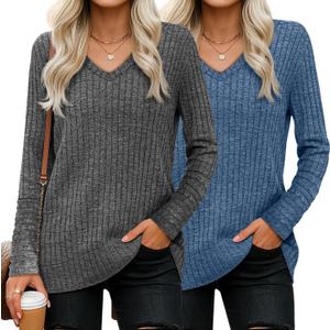 Ficerd 2 Pack Women V Neck Sweaters Long Sleeve Tunic Tops Lightweight Solid Color Casual Tunics Shirts (Medium, Dark Gray, Navy Blue)