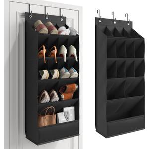 Over the Door Shoe Organizer with Large Deep Pockets, Shoes Rack for Closets' Door, Hanging Shoe Rack for Closet Organizers & Storage, Behind the Door Narrow Shoe Holder for Shoes, Black
