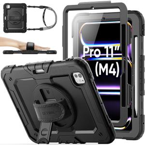 SEYMAC stock Case for iPad Pro 11 inch Case 2024 (M4), Shockproof Protective with Pencil Holder, Screen Protector, 360 Rotate Stand, Adjustable Hand Strap, Shoulder Strap, Black