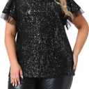 Agnes Orinda Plus Size Sequin Tops for Women Ruffle Short Sleeve Glitter Party Shirt Sparkle Club Night Blouse Top, 2X