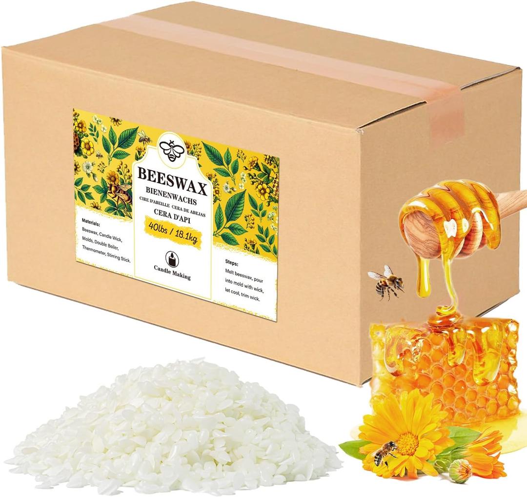 Beeswax pellets 40LB, VEGISHINE Pure and Natural White Beeswax for Candle Making, DIY Skin Care, Lip Balm, Polishing, Lotion, Soap, Candle Making Supplies