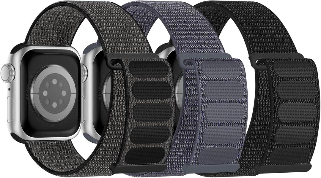 3 Pack Sport Bands Compatible with Apple Watch Band Size: 42mm(Series 3)/44mm/45mm/46mm/49mm
 Adjustable Breathable Nylon Straps for iWatch Series 10/9/8/7/6/5/4/3/SE/Ultra (Black/Iron Gray/Gray)
