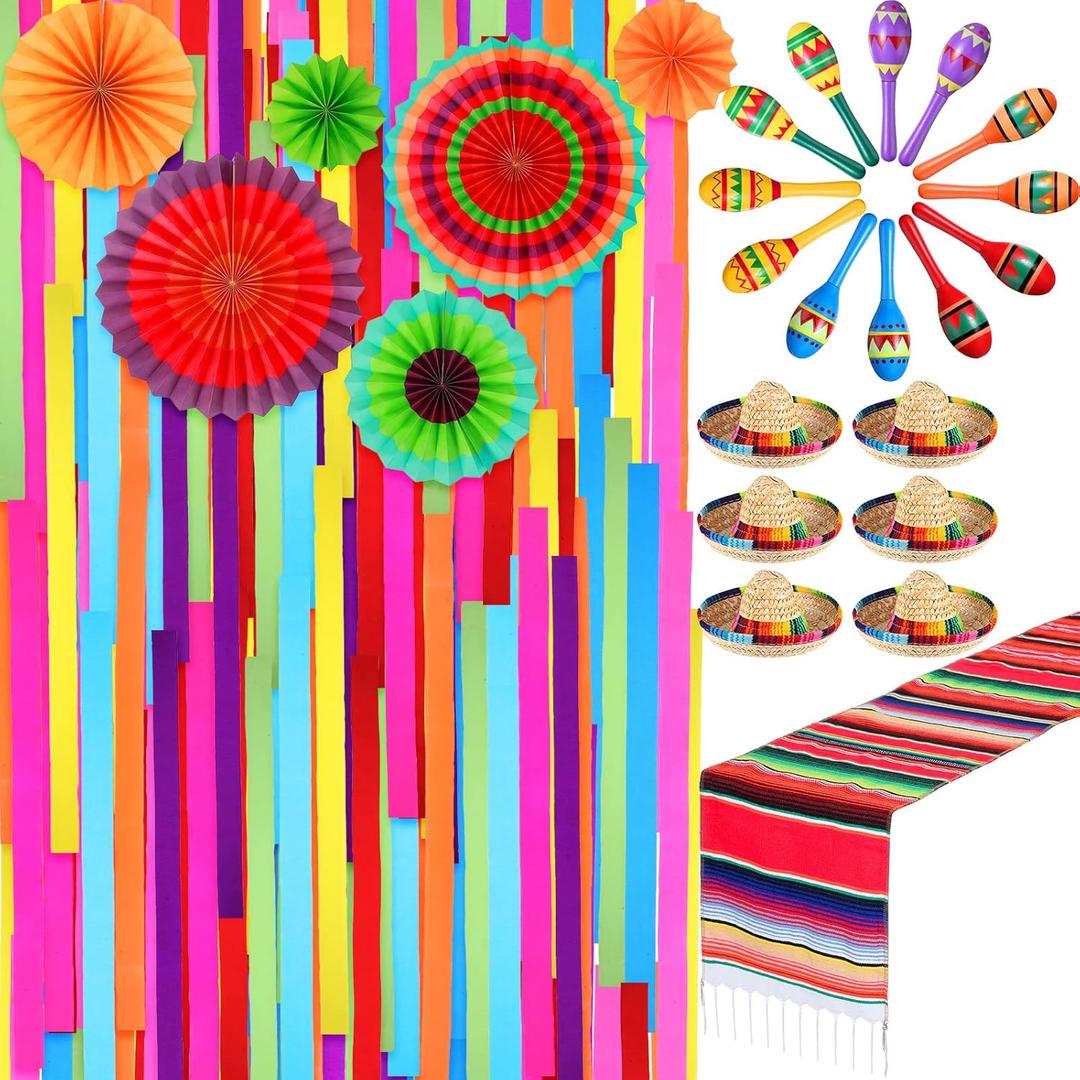Poen 33 Pcs Mexican Decorations Includes 12 Wooden Fiesta Maracas, 6 Sombrero Party Hats, Fiesta Backdrop, Table Runner, Paper Fans Cinco De Mayo Party Decorations Set