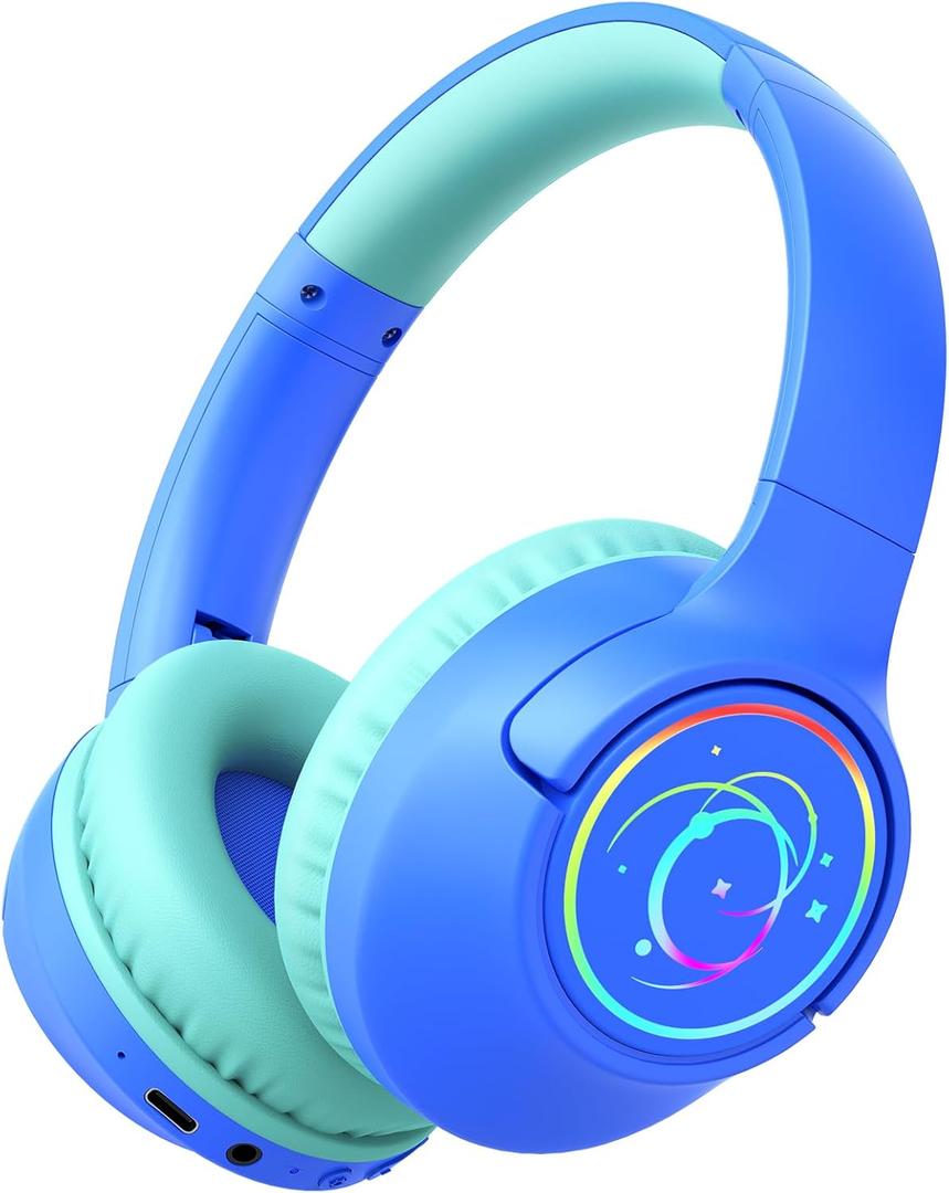 Kids Bluetooth Headphones, 85H Playtime Wireless Headphones for Kids, Colorful LED Lights, 85/94dB Safe Volume Limit, Bluetooth 5.4 Built-in Mic Toddler Headset for Tablet/Airplane/Travel (Blue)