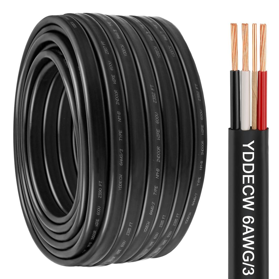 6/3 NM-B Wire with Ground - 75FT 6 Gauge Non-Metallic Sheathed Cable Pure Copper 6 AWG 3 Conductor Residential Indoor Wire for Outlets, Switches and Other Loads etc.