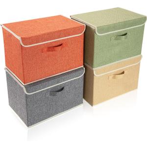 Storage Bins with Lid, Foldable Clothing Storage Box case with Handle for Books, Closet, Bedroom, Home, 4 Color Set A, 15L x 10W x 10H inch