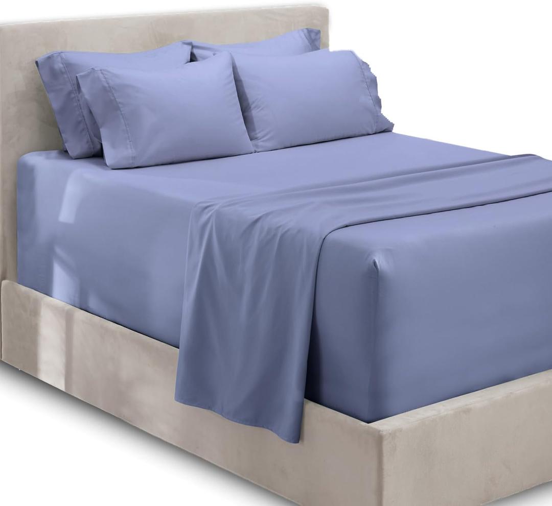 Hearth & Harbor Extra Deep Pocket Queen Sheets Sets - Fits Mattress 21 Inches Deep - Extra Deep Pocket Sheets - 6 Piece Queen Size - Steel Blue