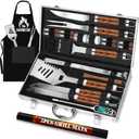 ROMANTICIST 26pcs Grilling Gifts for Men, Dad Gifts for Father's Day, Stainless Steel BBQ Grill Accessories Tools Set, Heavy Duty BBQ Utensils Kit with Apron, Thermometer, Mats in Aluminum Case Brown