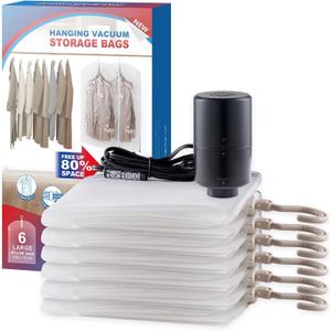 Hanging Vacuum Storage Bags, 6 Pack Hanging Storage Bags for Clothes With Electric Pump, Vacuum Sealed for Suits, Dress, Jackets (6 Short)