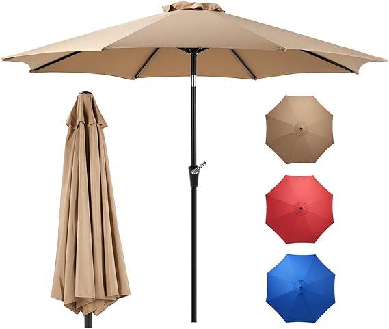 OLIXIS 9FT Patio Table Umbrella with Tilt and Crank Button & 8 Sturdy Ribs Waterproof, 9 Feet Outdoor Patio Umbrella Sun Shade for Pool, Terrace, Beach and Restaurant, Brown 