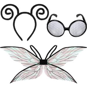 Yinder Fly Costume Accessories Bug Antenna Headband and Glasses Holographic Halloween Wings Set Cosplay Party Favors for Women, Men