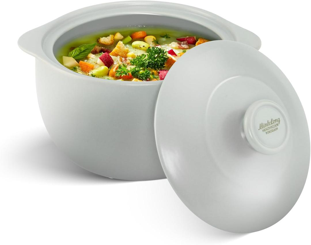 MINH LONG 1-Qt Porcelain Dutch Oven with Lid  Lead & Cadmium Free, Oven Safe to 482F, Heat Retention, Clay Pot for Cooking on Gas & Infrared Cooktop, Use to Marinate, Cook, Bake, Refrigerate & Serve (Vesta - Grey)