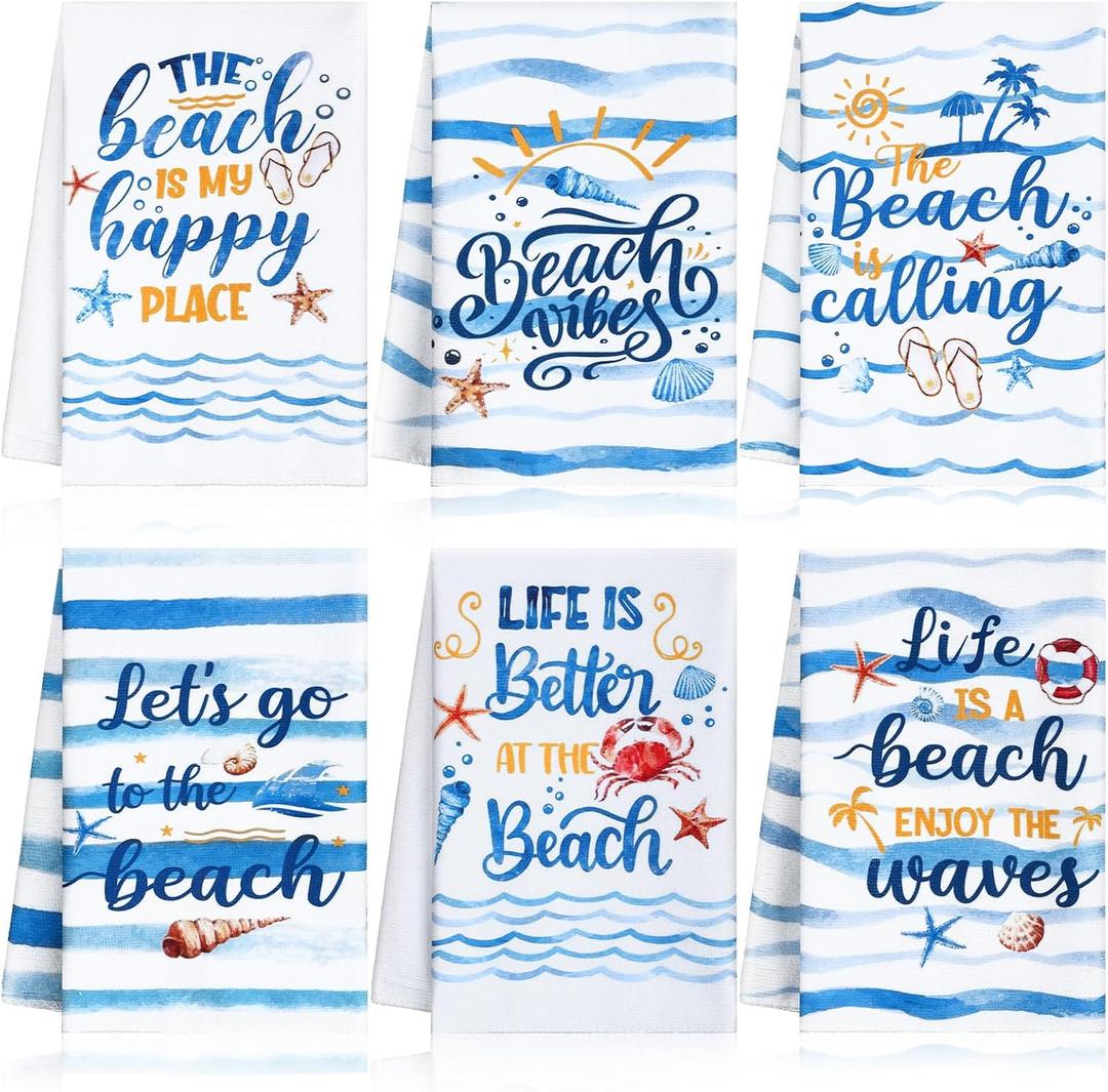 Peryiter 6 Pieces Beach Kitchen Dish Towels Summer Blue Coastal Bathroom Hand Towels Nautical Hand Dish Cloths Soft Washcloths for Home Party Decor, 23.6 x 15.7 Inches