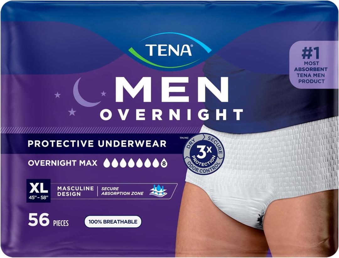 Tena Men Protective Incontinence Underwear for Men, Overnight Max, XL, 56 Ct, 45-58in