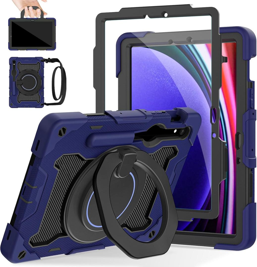 ROISKIN Case for Samsung Galaxy Tab S10 Lite &S10 FE S9 FE 10.9"/S9 11 Inch for Kids -with HD Screen Protector, 360 Rotating Kickstand/Handle, Shoulder Strap, Pen Holder, Heavy Duty Military Grade (Navy Blue)