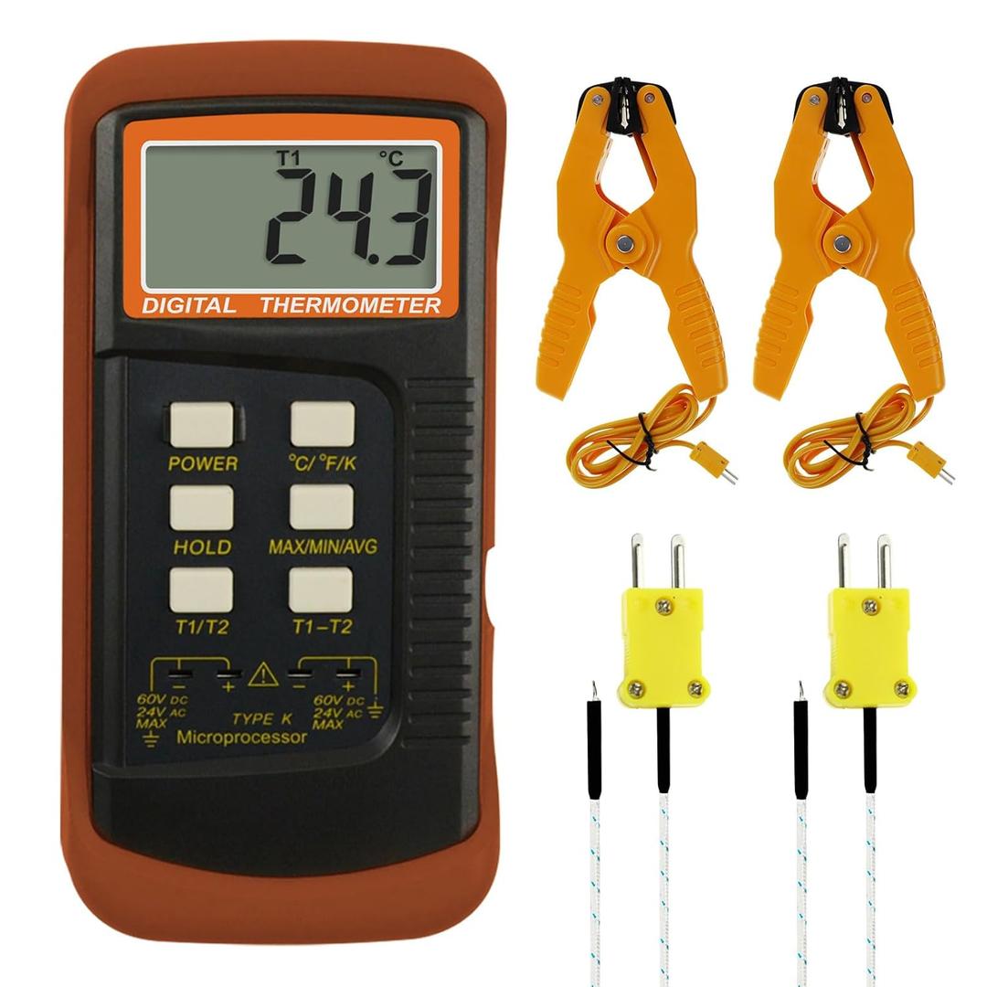 K Type Thermocouple Thermometer (-50~1300C), Dual Channels Digital Thermometer with 2 Temperature Clamp 2 Wired Thermocouple Probes, High Accuracy Temperature Kelvin Scale Meter Tester