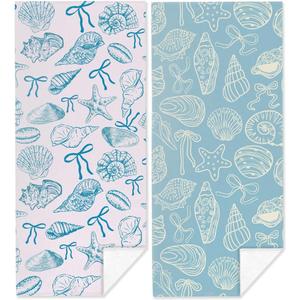 2 Pack Coastal Ocean Starfish Sea Shell Coquette Bow Pattern Beach Towel Microfiber Thin Lightweight Quick Dry Oversized Swim Towels Beach Accessories Necessities for Pool Camping Travel 32x71 inch
