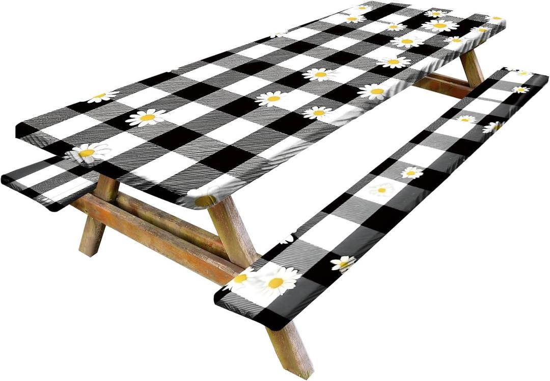 Vintage Gingham Picnic Table Cover with Bench Covers Set of 3 - Black White Check with Floral Accents, Elastic Fitted Tablecloth for 6 Ft Tables, Washable Polyester Cover for Patio, Indoor & Outdoor