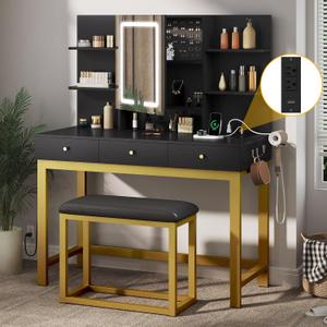 DWVO Vanity Desk with Mirror & Power Outlet, Hidden Storage Shelves, 3 Drawers, Adjustable 3 Lights Modes, Dressing Table Set with Chair, Makeup Table with Stool, Black Upgraded Vanity for Bedroom