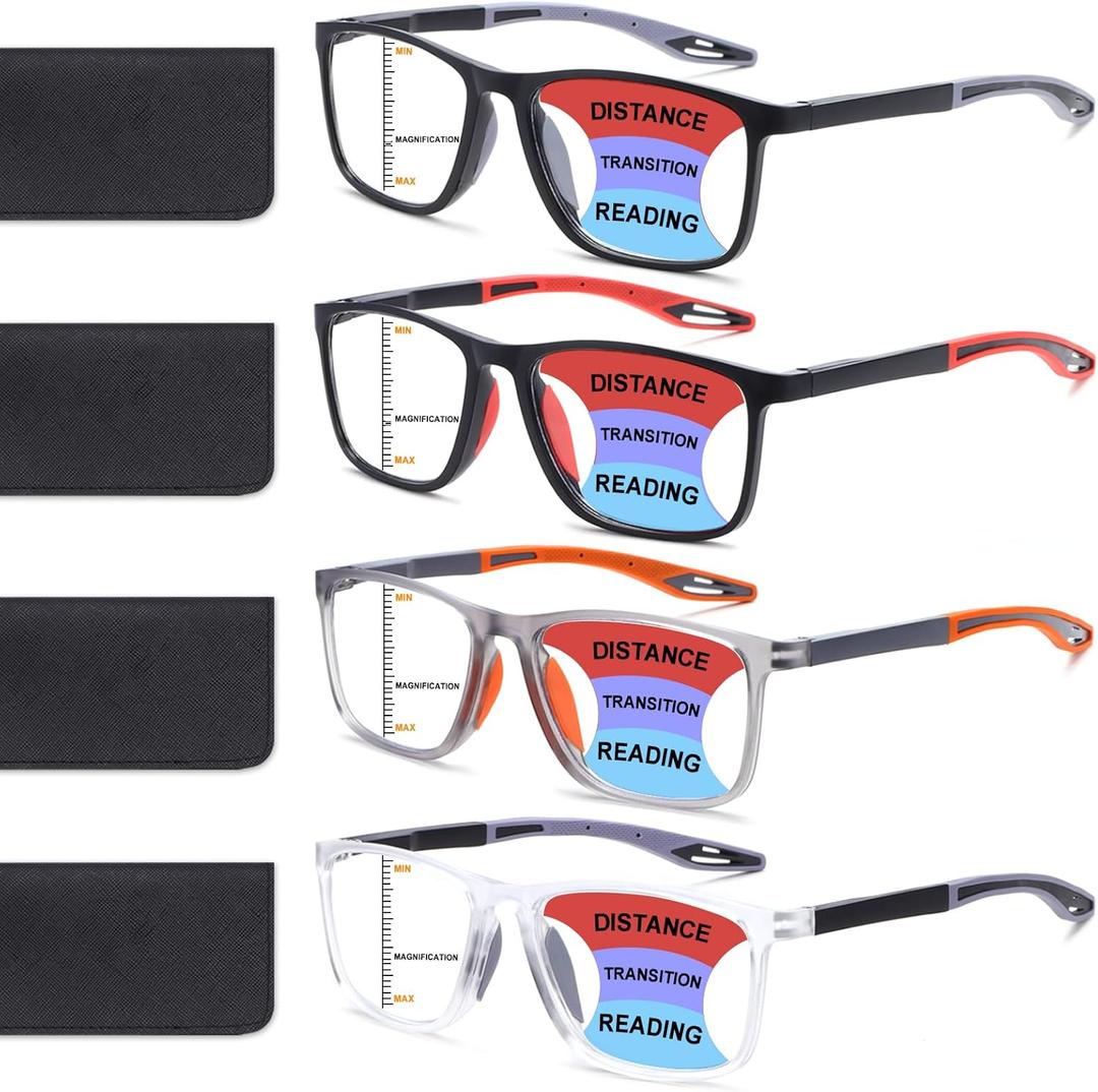 BLOEXCLU 4 Pack Progressive Multifocus Reading Glasses for Men Women TR90 Sports Style Anti-Blue Light Computer Readers (Black & Red & Grey & Transparent)