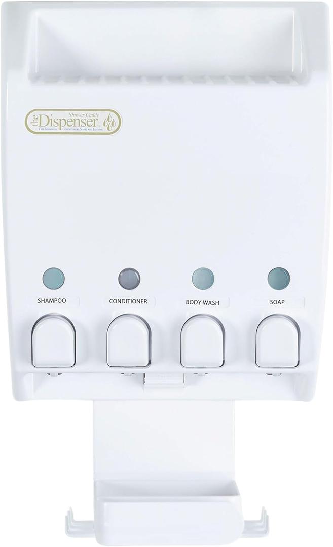 Better Living Ulti-Mate Shower Dispenser Caddy 4, Wall Mount Shower Soap Dispenser for Bathroom, Shelf, Built-in Hooks & Soap Dish, No Drill, Shampoo and Soap Dispenser, 4 x 14.5 oz, White