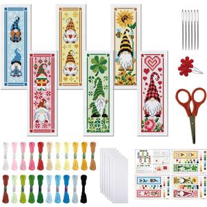 FREEBLOSS 6 Set Cross Stitch Bookmark Kit St. Patrick Gnome Pattern Stamped Cross Stitch Kit 11CT Christmas Embroidery Kits with Instructions for Beginners Adult 20x6cm/8x2.4inch