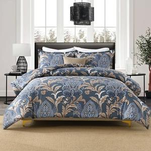 Finlonte Cotton King Size Comforter Set, Navy Paisley Bedding Set with Floral Damask Patterns, Ultra Soft Duvet Insert, Fluffy Quilted All-Season Luxury Bed Set with 2 Pillowshams, Navy Blue/Brown