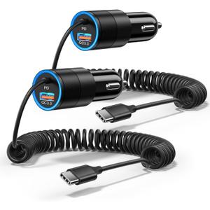 USB C Car Charger Fast Charge,2-Pack 38W PD 3.0 USB C Cigarette Lighter USB Charger with 3.5FT Type C Cable,Car Adapter Compatible with Samsung S25/S24/S23/S22 Ultra,iPhone 16 15 Pro Max SE,iPad,Pixel