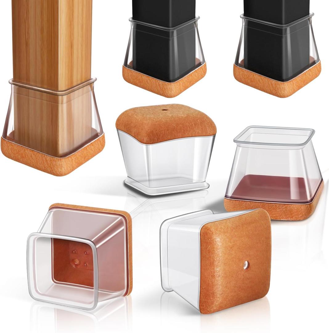 PISAO 24 Pcs Chair Leg Floor Protectors Square, Silicone Chair Leg Protectors Caps Covers for Hardwood Floors, Furniture Pads Sliders with Wrapped Felt Bottom Medium (Fit:3/4"~1-1/8")