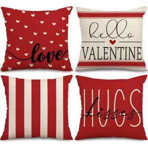 AnyDesign Valentine's Day Pillow Covers Red White Sweet Love Throw Pillow Case 20 x 20inch Hearts Stripes Love Cushion Cover for Home Couch Sofa Wedding Anniversary Decoration, Set of 4