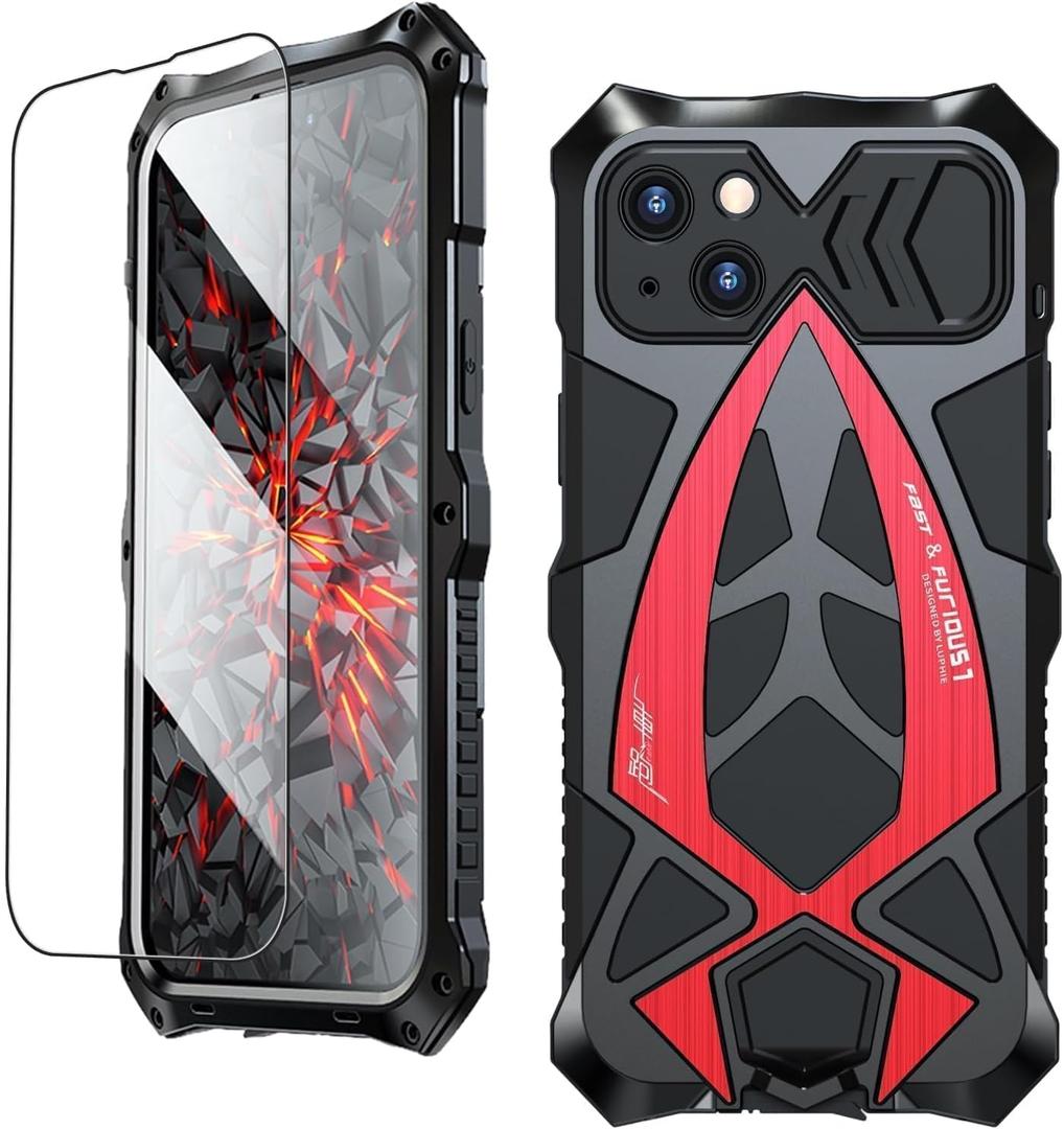 Armor Phone Case for iPhone 15 Military Grade Drop Tested 360 Full Protection Cover Heavy Duty Hybrid Metal Bumper Built-in Silicone Shockproof Dustproof with Screen Protector - Red
