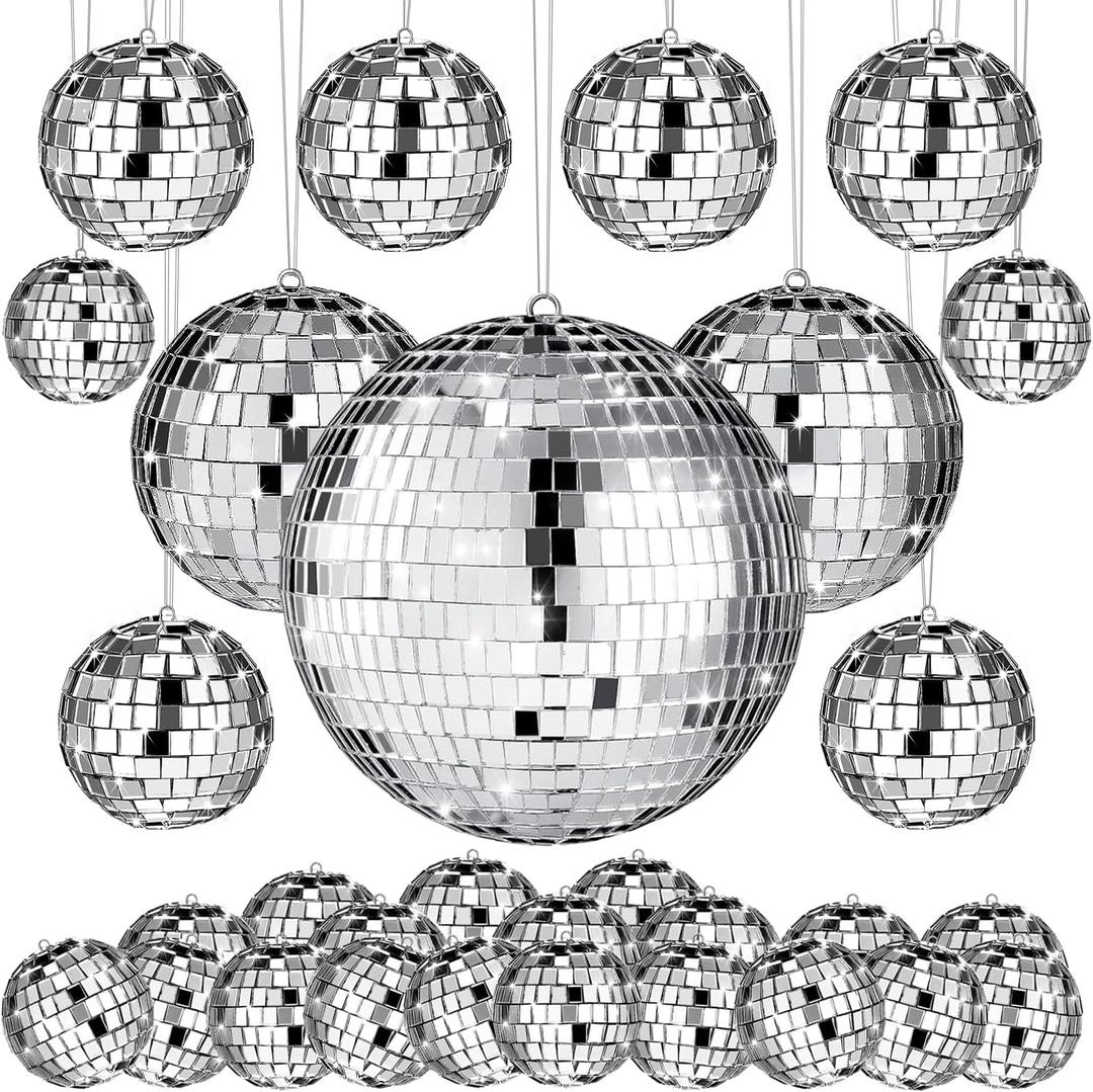 54 Pcs Disco Ball Hanging Decor - Mini Silver Mirror Ball Cake Topper for 74s Themed Party, Wedding, Christmas Supplies (321.2 In, 172 In, 43.2 In, 15.9 In)