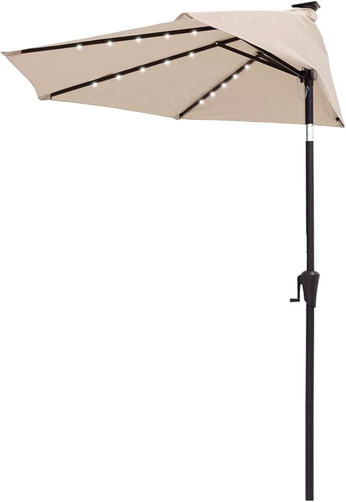 FLAME&SHADE 9 ft Half Round Solar Powered Outdoor Market Patio Table Umbrella for Wall Balcony with LED Lights and Tilt, 
