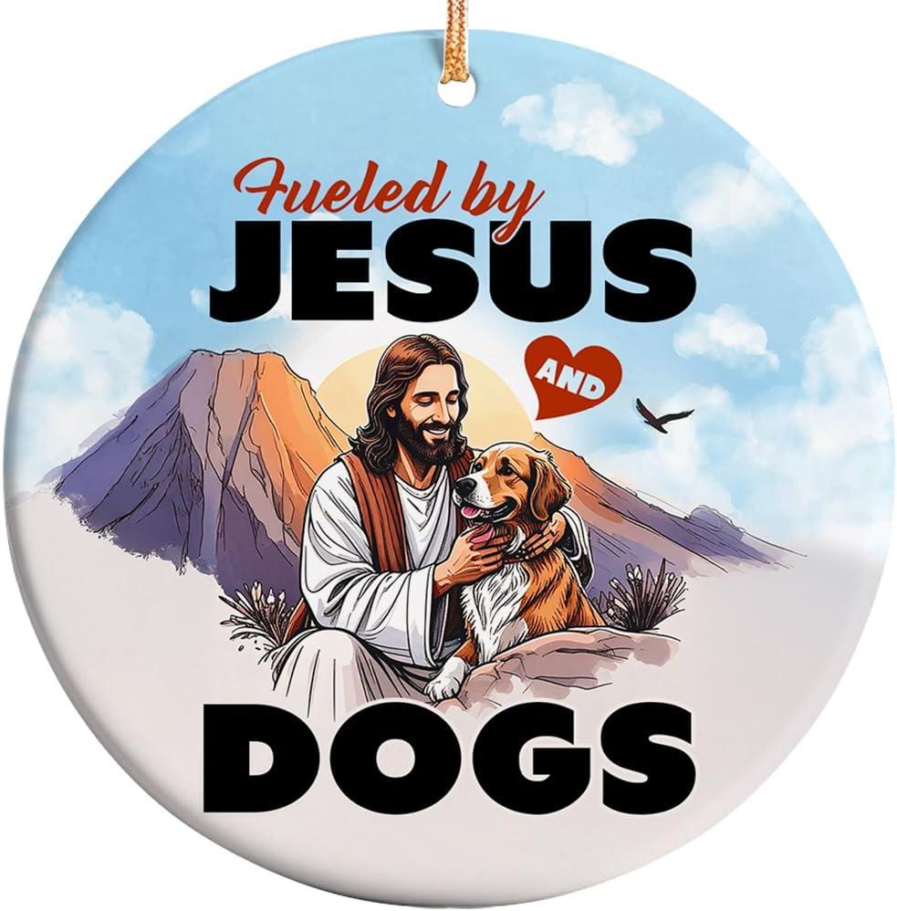 2025 Christmas Ornament  Fueled by Jesus and Dogs Religious Humor Ornament, Pet Lover Xmas Decoration