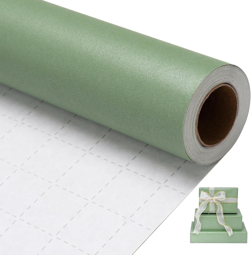 Larcenciel Sage Green Wrapping Paper Roll with Pearly Shimmer, Cut Lines, Luxury Solid Color Gift Wrap Paper for Birthday, Wedding, Holiday, Baby Shower, Bouquet Craft, Packing Supplies, 17 in x 33 ft