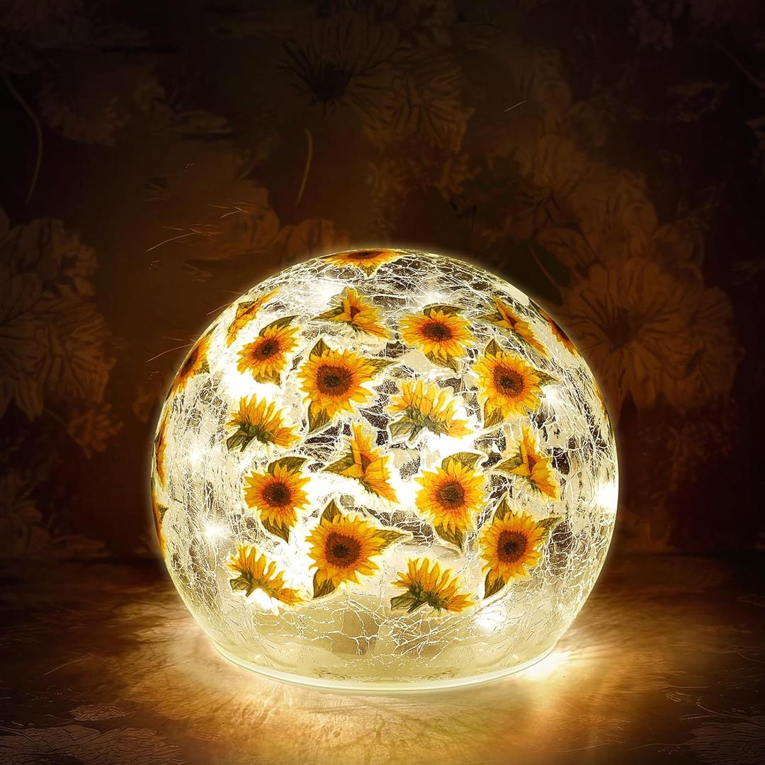 1 Pcs Sunflower Glass Lighted Ball Decorative Battery Operated 3.9 Inch Waterproof Floral Crackle LED Night Lights for Garden Globe Orb Lamp for Party Fall Thanksgiving Birthday Gift