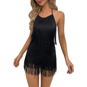 ODIZLI Sexy Backless Fringe Dress Jumpsuit - Womens Club Boho Tassel Tiered Halter Playsuit Festival Bodysuit Romper (Medium)