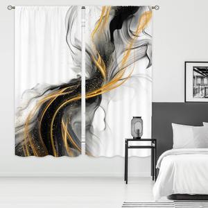 Cinbloo Black and Gold Abstract Curtains 42Wx63H Inch Rod Pocket Modern Ombre Golden Marble Minimalist Ink Texture Art Printed Neutral Aesthetic Living Room Bedroom Window Drapes Treatment 2 Panels