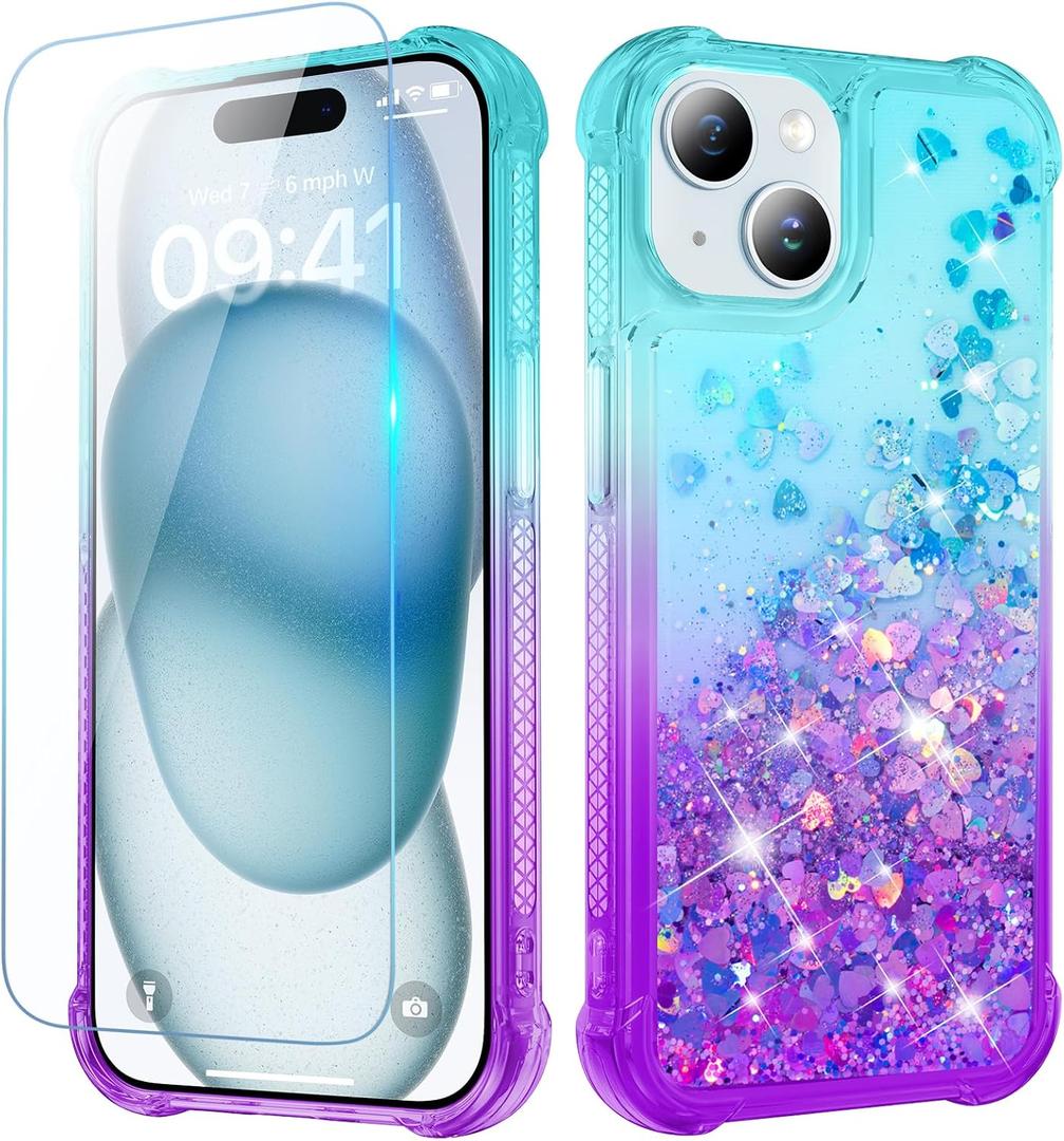 Ruky for iPhone 15 Case for Girls Women with Screen Protector, Glitter Flowing Quicksand Sparkle Soft TPU Protective Phone Cover, Teal Purple