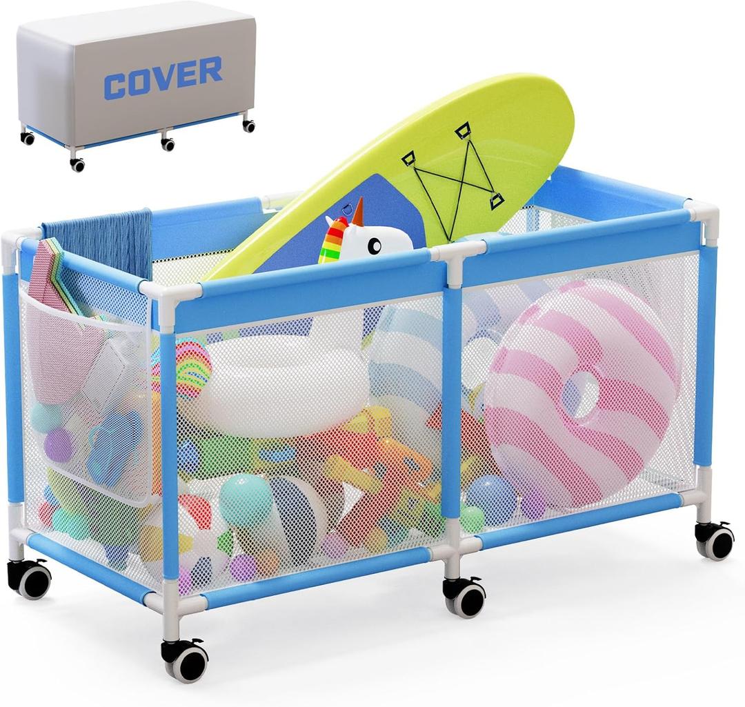 249 Gallon Large Pool Storage Bin with Cover, Heavy Duty Swimming Equipments, Mesh Rolling Pool Float Holder, Pool Storage Organizer for Noodles, Toys, Floats & Balls (Nature)