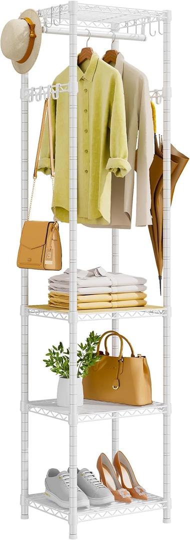 Roxibelt R1 Clothes Rack Heavy Duty, Clothing Racks for Hanging Clothes, Garment Rack with Storage Shelves, Small Coat Rack Freestanding for Entryway, Hallway, Bedroom, Max Load 448 Lbs, White