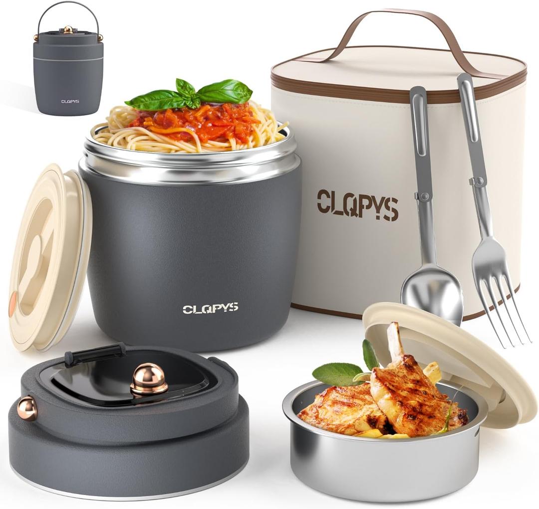 40oz Stainless Steel Vacuum Insulated Food Jar for Adults Wide Mouth Lunch Container with Spoon Fork and Carrying Bag Leak-Proof Soup Thermo Bento Box for Hot Food and Cold Food | Office, Travel Gray