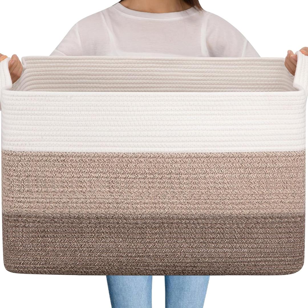OIAHOMY Extra Large Blanket Basket, 95L Cotton Rope Woven Laundry Basket, Toy Bin for Baby Room, Container for Blanket Storage in Living Room, 24''17''14'', Gradient Brown